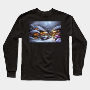 Magical Fantasy House with Lights in a Snowy Scene, Fantasy Cottagecore artwork Long Sleeve T-Shirt